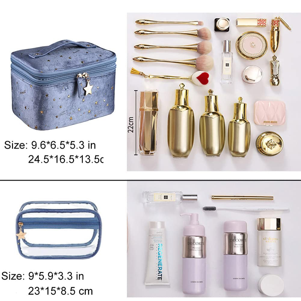 Double-Layer Makeup Bags for Women Multifunctional Travel Cosmetic Bag Set of 2 Velvet Cosmetic Storage Case with Brush Holders (F-Blue Set)