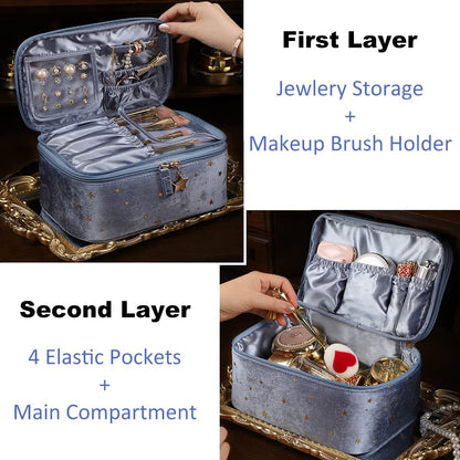 Double-Layer Makeup Bags for Women Multifunctional Travel Cosmetic Bag Set of 2 Velvet Cosmetic Storage Case with Brush Holders (F-Blue Set)